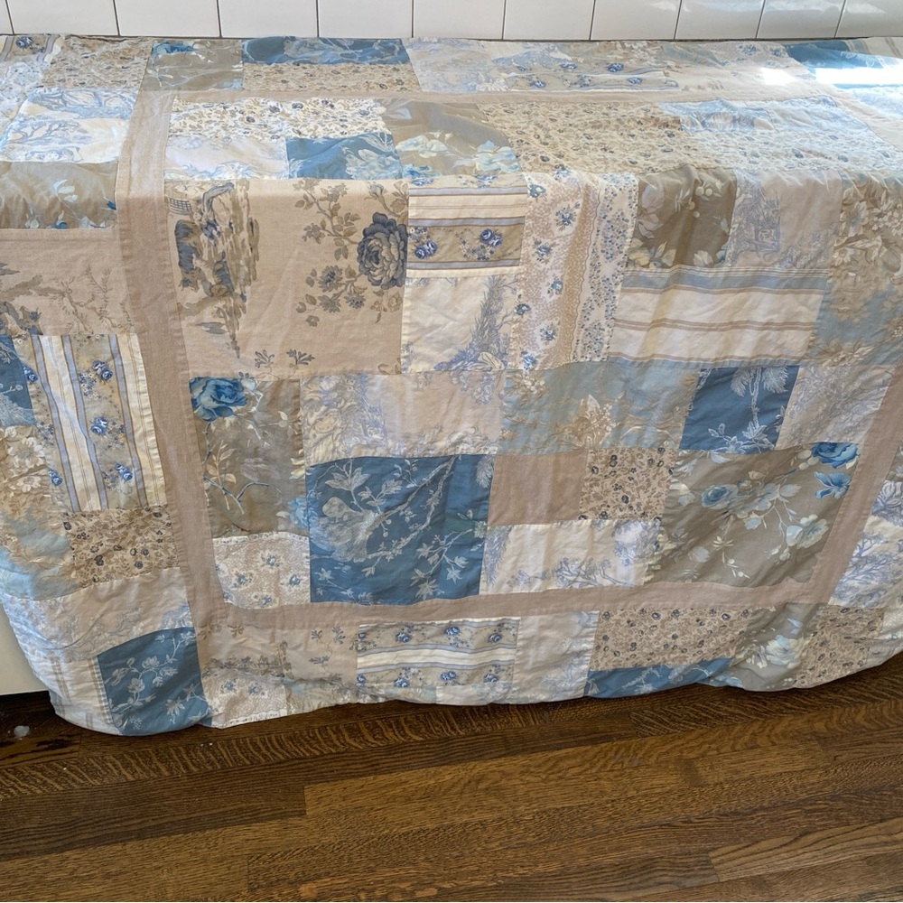 Blue and Tan Quilted Geometric Patchwork Lap Blanket